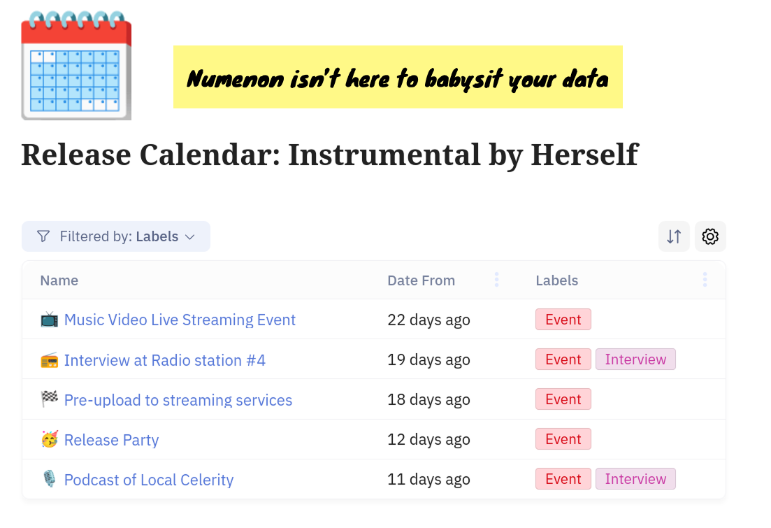 Sreenshot of a release calendar